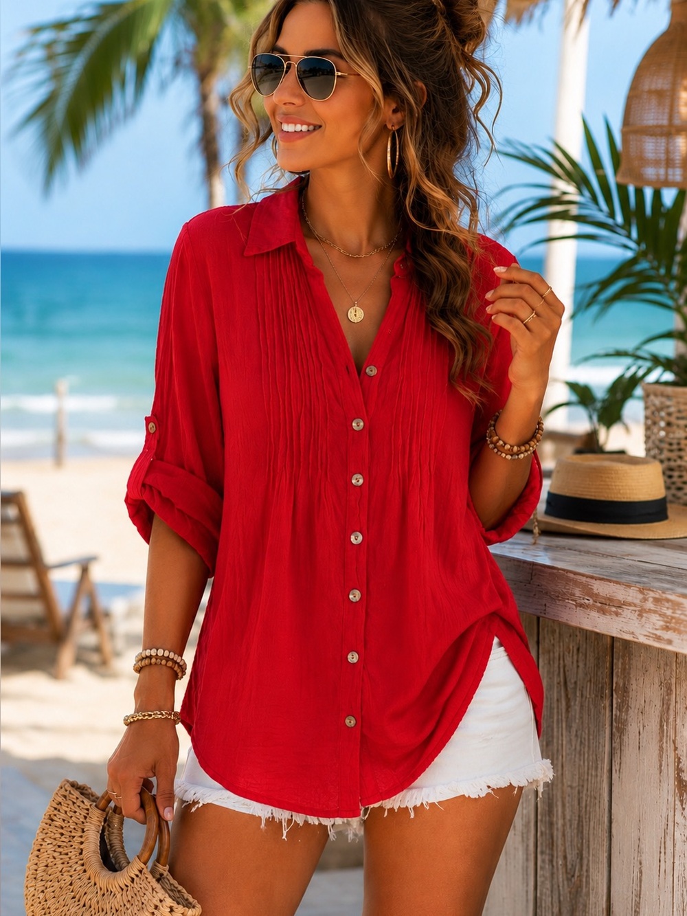 Dunes Women's Red Button Down Shirt